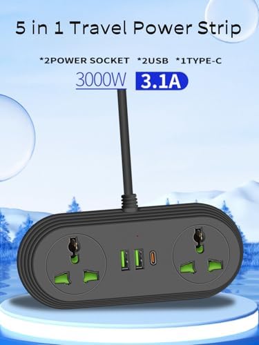Universal Travel Power Strip Adapter with Dual AC Outlets & 3 USB Ports (1 USB-C) – COOFINE 6 ft International Charging Solution for Seamless Connectivity on Global Adventures, Portable Storage Bag Included for Easy Transport and Travel Convenience