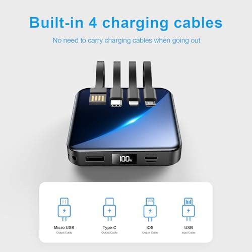 High-Capacity 12000 m Ah Portable Charger with Integrated Cables – 22.5 W Fast Charging Power Bank for i Phone 15, Samsung Galaxy & Tablets – Smart LED Display & Compact Design for Maximum Portability and Universal Compatibility
