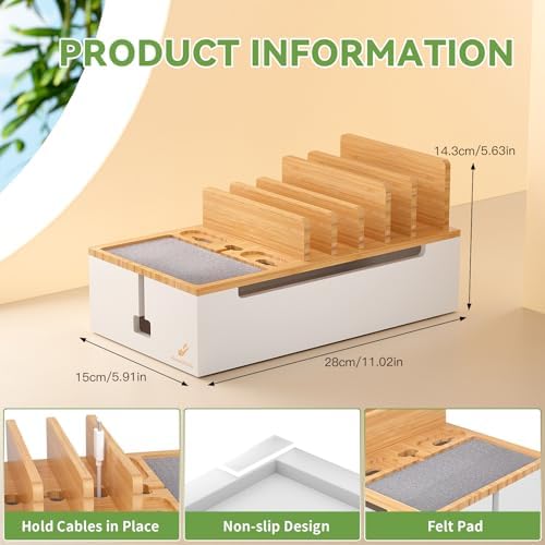 Pezin & Hulin Eco-Friendly Bamboo Cable Management Box – Sleek Desktop Organizer with 6 Cables for Tidy Charging Station, Stylish Wire Organizer for Electronic Devices, Enhances Workspace Efficiency and Aesthetics
