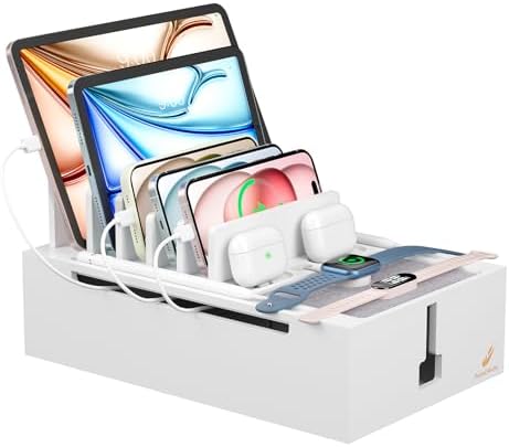 Pezin & Hulin Eco-Friendly Bamboo Charging Station – 10-Port USB Dock Organizer with 6 Cables, Enhanced Power Supply & Cable Management for Multi-Device Charging, Sleek Natural and Black Design for Homes and Offices