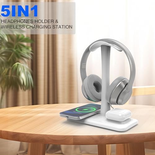 Multifunctional 5 in 1 Headphone Stand & 15 W Fast Wireless Charging Station – Sleek Organizer for i Phone 15/14/13/12/11/XS/XR/X & Air Pods 3/2/Pro/2 – Optimal Desk Solution for Gamers and Professionals – Durable, Clutter-Free Design in Elegant White