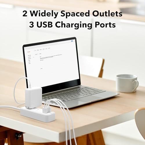 Elevate Your Charging Game with the Clear Power 2-Outlet Power Strip – 6 ft Flat Plug Power Station Featuring 3 USB Ports (1 USB-C) for Rapid Device Charging, Ideal for Home, Office & Travel, Durable & Compact Design, White, Model DC3 S-1102-DC