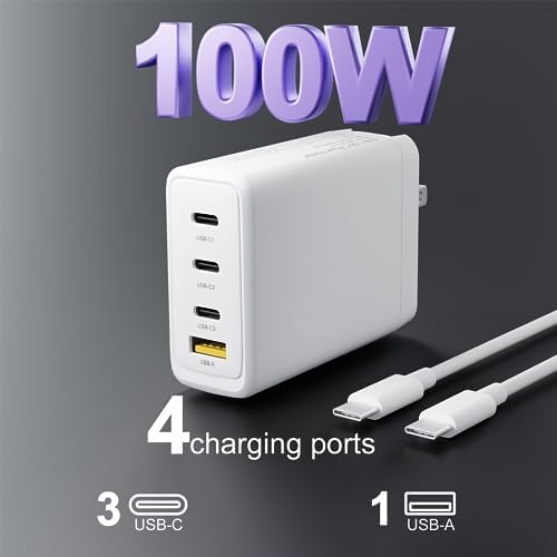 Ultra-Fast 100 W Ga N USB-C Charger for Laptops – Versatile Charging Hub with 4 Ports for HP, Lenovo, ASUS, Mac Book Pro, i Pad Pro, and More – Innovative Power Delivery PD 3.0 Technology for Rapid Device Compatibility – 5 ft AC Cable Included – Safe and Efficient Charging with Advanced Protection Features