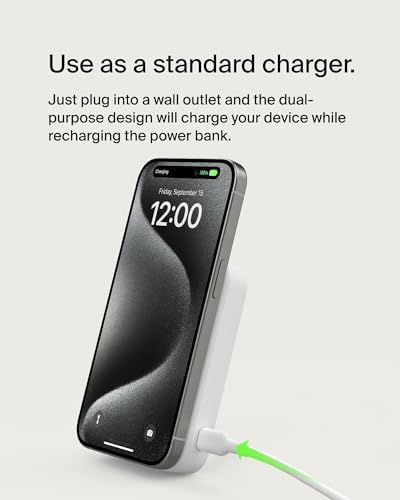 Belkin 5000 m Ah Wireless Power Bank with Qi2 Technology – Mag Safe-Compatible Portable Charger Featuring Built-in Kickstand for i Phone 16, 15, 14, 13, Plus, Pro, Pro Max – Sleek White Design for Seamless Charging on the Go – Optimal Speed & Versatile Compatibility