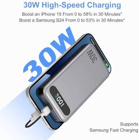 High-Speed 30 W PD 20000 m Ah Power Bank with Intelligent Display – Triple Output & Dual Input Charger for i Phone 15/16 Pro Max, Galaxy S24, Mac Book – Ultimate Versatile Portable Charging Solution with Integrated USB Cable for Effortless On-the-Go Power