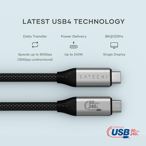 Satechi USB C to USB C 4.0 Pro Cable – 240 W Power Delivery, 8 K @ 60 Hz & 4 K @ 120 Hz Support, 40 Gbps High-Speed Data Transfer, USB-IF Certified for Ultimate Performance, 4 ft Length for Versatile Use – Ideal for Gamers & Professionals