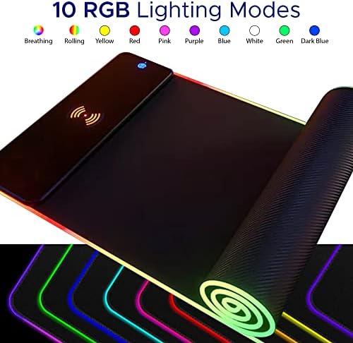 Elevate Your Gaming & Productivity with the 12″ x 35.5″ Wireless Charging RGB Mouse Pad – Large Non-Slip Desk Mat Featuring 10 Customizable RGB Backlight Colors, Fast Wireless Charging for i Phones & More, Perfect for Ergonomic Gaming Setups and Enhanced Workspace Organization