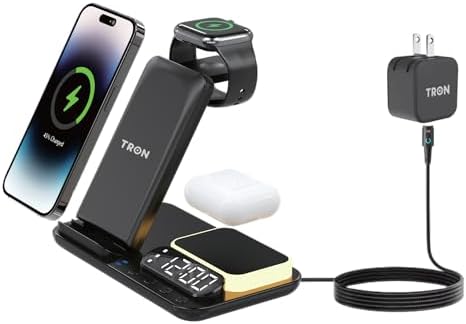 Revolutionize Your Charging Routine with the Tron TR42 7-in-1 Wireless Charging Station – 25 W Fast Charging for i Phone, Watch & Air Pods, Space-Saving Design, Digital Clock & Night Light for Home, Office, and Travel Use
