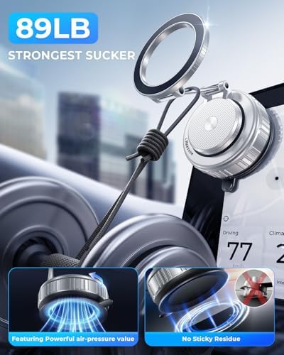 2025 Upgraded Vacuum Magnetic Car Phone Holder [89+LBS Suction/2800gf Magnet], Suction Cup Phone Mount, Ultra-Strong Magnetic Stand for Car/Mirror/Gym/Kitchen/iPhone16 15 14 13 12, Silver – Enhanced Compatibility and Speed