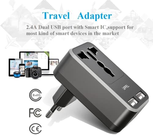 Compact European Travel Power Adapter with Dual USB Ports – UPPEL Efficient US to EU Plug Converter for Hassle-Free Charging in Spain, Italy, France, Germany & Iceland – Reliable, Surge-Protected Power Solution for Global Explorers