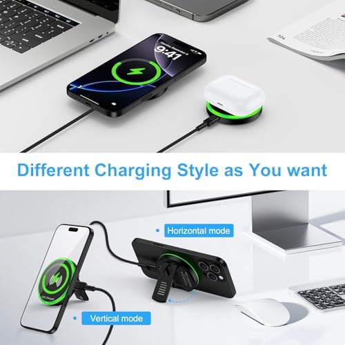 15 W Magnetic Wireless Charger with Kickstand – Fast Charging Pad for i Phone 16/15/14/13/12 & Samsung Galaxy S25/S24/S23 – Portable, High-Efficiency Charging Station for Android and Google Pixel 9 Series – Optimal Performance & Enhanced Compatibility for On-the-Go Charging