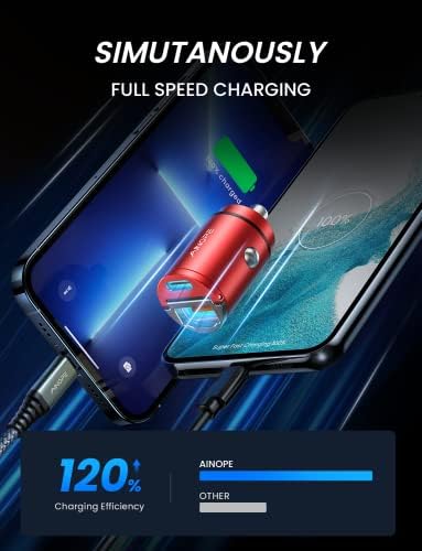 AINOPE Mini Metal USB C Car Charger – Rapid PD & QC3.0 Dual Port Charger for i Phone 16/15/14 Pro Max Plus, Samsung & All Smartphones – Compact Fast Charging Solution for On-the-Go Power Needs – Reliable & Safe Charging in Sleek Design