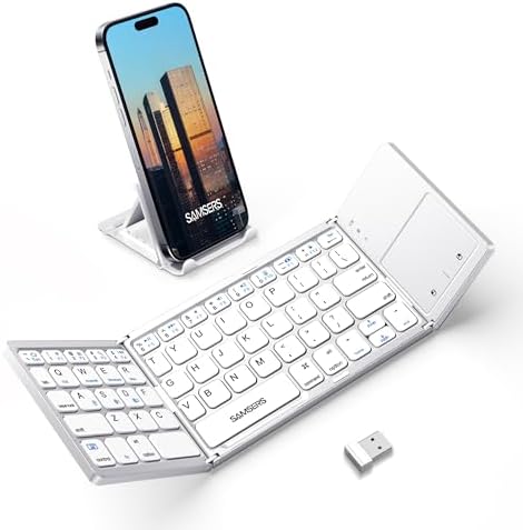 Samsers Portable Bluetooth Keyboard with Touchpad – Ultra-Slim Foldable Wireless Keyboard for Effortless Typing on Android, Windows, and i OS Devices – Rechargeable, Travel-Friendly Design with Device Holder – Black