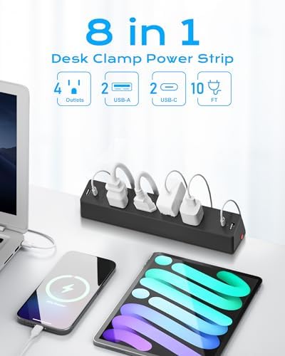 Revolutionize Your Workspace with ACOZVIN 17-in-1 Desk Clamp Power Strip – 40 W Fast Charging Hub, 9 AC Outlets & 8 USB Ports (4 USB-C) for Ultimate Device Connectivity, 10 ft Flat Plug Surge Protector Perfect for Home Office Efficiency and Safety