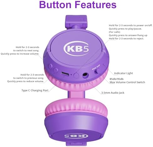 Contixo KB-5 Safe Listening Bluetooth Headphones for Kids – Foldable Over-Ear Design with 85 d B Volume Limiting – Stylish Pink & Blue Headphones for Comfortable Listening – Effortless Wireless Pairing with All Devices for Young Music Enthusiasts