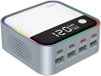 Ultimate 120 W Ga N USB-C Multi-Port Charging Hub with LED Display & Vibrant Gradient Light – Fast and Efficient Charging Station for i Phone, Samsung Galaxy, i Pad, Laptops & More – Ideal for On-the-Go Power Needs