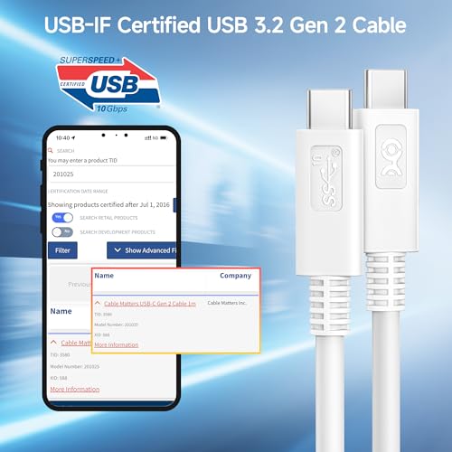 Experience Unmatched Performance with Cable Matters USB-IF Certified 10 Gbps Gen 2 USB C to USB C Cable – 3.3 ft, Supports 4 K@60 Hz Video, 100 W Fast Charging, and High-Speed Data Transfer for Seamless Connectivity and Enhanced Compatibility