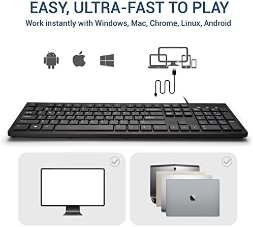 Upgrade Your Typing Experience with the Spill-Resistant USB Wired Keyboard – Low Profile Chiclet Keys, Large Number Pad, and Ergonomic Design for Enhanced Comfort and Speed – Perfect for Professionals and Home Users (Black)