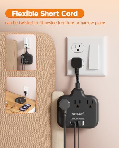 Stylish Brown Travel Power Strip with 5 Ft Cord – Compact Extension Solution Featuring 3 AC Outlets & 4 USB Ports (2 USB-C) for Rapid Charging – Ideal Desk Accessory for Tan Wood and Walnut Grain Décor – Maximize Functionality & Aesthetics in Any Space