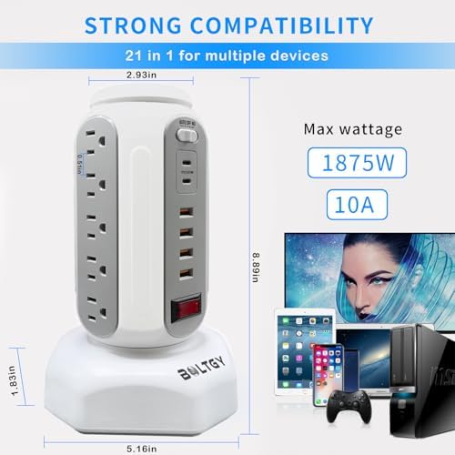 Ultimate Flat Plug Fast Charging Tower – 15 AC Outlets & 6 USB Ports (2 Fast Charge) – Compact Surge Protector Power Strip with 6.5 FT Extension Cord for Home, Office, and Dorm Room – Maximize Charging Efficiency and Enhance Safety