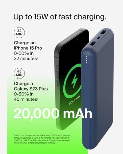 Belkin 20000 m Ah USB-C Power Bank – Dual USB-A Ports, Fast 15 W Charging for i Phone 16/15 Plus, Samsung Galaxy S25, Pixel, i Pad, Nintendo Switch 2 – Travel-Friendly Design in Pearl Blue for Enhanced Device Compatibility and On-the-Go Power