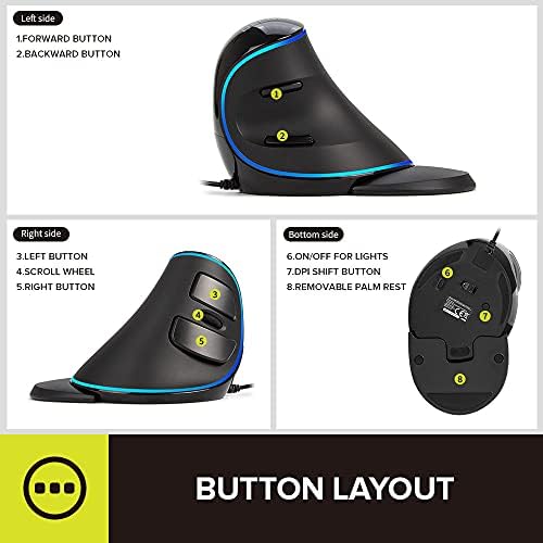 De LUX RGB Wired Ergonomic Vertical Mouse for Large Hands – 4000 DPI Precision Tracking, 6 Customizable Buttons, and Detachable Wrist Rest for Ultimate Comfort and Carpal Tunnel Relief – Perfect for Prolonged Use and Gaming Performance