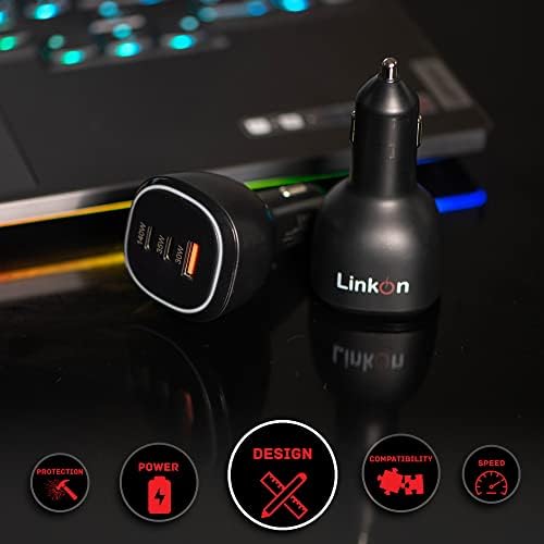 Experience Rapid Power with the Link On 84 W USB-C Car Charger: Dual-Port Fast Charging Adapter Featuring 60 W PD3.0 & 18 W QC3.0 for Mac Book, Dell XPS, Google Chromebook & More – Compact, Multi-Device Accessory with Enhanced Safety Mechanisms for Reliable Performance on the Road