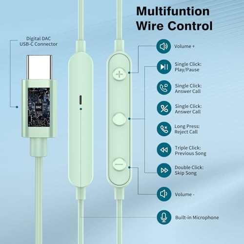 Magnetic USB C Earbuds for Samsung Galaxy S24 Ultra, S23 FE, S22, S21, A54, A53 & i Phone 16, 15 Pro Max – Noise Isolating Wired Headphones with Microphone and Volume Control for Enhanced Audio Experience – Perfect for Music Lovers and Professionals