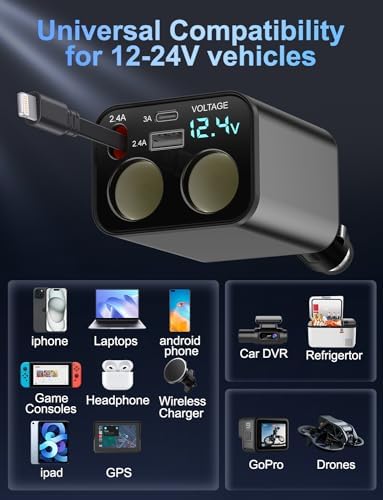Ultimate 5-in-1 Retractable Car Charger – Fast Charging Dual-Socket Adapter with USB-A & USB-C Ports for i Phone 16/15, Galaxy, i Pad, GPS & Dash Cam – Tangle-Free Design for Multi-Device Power on the Go
