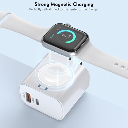 23 W 3-in-1 Multi-Device Charger for Apple Watch & i Phone – Rapid Dual Port USB-C & USB-A Power Adapter with Wireless Magnetic Charging for i Watch Ultra/SE/10/9/8 & i Phone 16/15/14 – Compact Travel Charger for Efficient Power Solutions