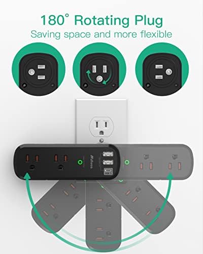 Mifaso 6-Outlet Surge Protector with 3 USB Fast Charging Ports – Rotating Plug Power Strip for Home, Travel, and Dorm Room Use – 1800 Joules of Protection with 3-Sided Swivel Design for Maximum Accessibility and Device Compatibility