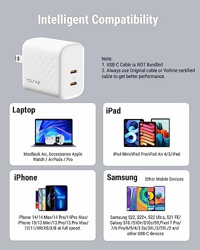 VOLTME 35 W Dual USB-C Wall Charger – Compact Fast Charging Power Adapter with PPS Technology for i Phone 14/13, Mac Book Air, i Pad Pro & Galaxy Devices – Portable & Foldable for Home, Office, and Travel Power Needs