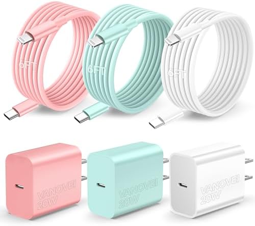 Premium 20 W PD Fast Charger Set for i Phone 14 – 3-Pack Type-C Wall Charger with 6 ft USB-C to Lightning Cables for Rapid Charging Compatibility with i Phone 14/14 Pro/14 Pro Max/13/12/11 – Optimal Speed and Versatility for Home, Office, and Travel