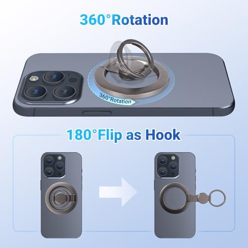 Magnetic Phone Ring Holder with Extended Grip Hook – Premium i Phone Kickstand Accessory for Models 12-16 – Enhanced Mag Safe Compatibility for Secure, One-Handed Operation and Stylish Versatility
