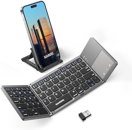Samsers Portable Bluetooth Keyboard with Touchpad – Ultra-Slim Foldable Wireless Keyboard for Effortless Typing on Android, Windows, and i OS Devices – Rechargeable, Travel-Friendly Design with Device Holder – Black