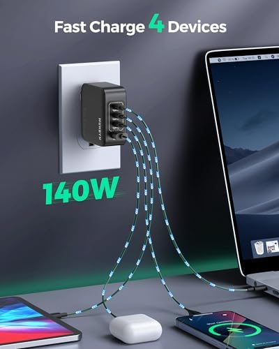 MUNBYN Next Tech CR14 140 W USB C Ga N Wall Charger – Ultra-Compact 4-Port Fast Charging Solution for Universal Device Compatibility, Ideal for Travel and Home Use, Enhanced Safety Features Included