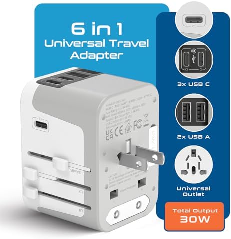Global Travel Power Adapter – Ceptics 6-in-1 Charger with Dual USB-A & Triple USB-C Ports for Lightning-Fast Charging – Universal Compatibility for USA, EU, UK & AUS Electronics – Ideal for Smartphones, Laptops & Cameras – UP-30 KU-BL for Efficient Multi-Device Charging Solutions