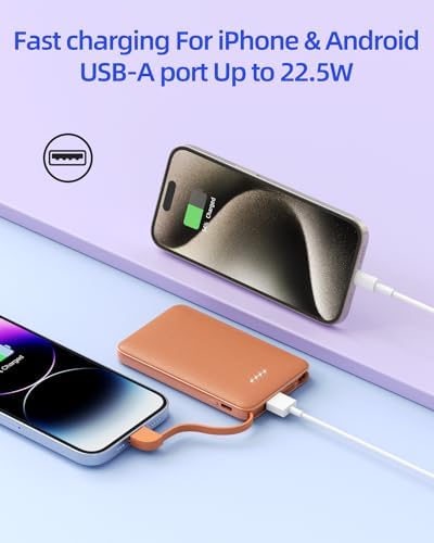 Ultra-Slim 6000 m Ah Portable Charger with Built-In Cable – Fast Charging Power Bank for i Phone 14/14 Pro Max/13/12 Pro/11/XR/X/8 – Lightweight Travel Companion for Ultimate Device Power on the Go