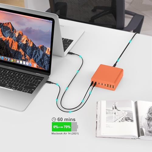 Ultra-Compact 8-Port USB-C Fast Charging Hub with Ga N III Technology – Versatile Power Adapter for Mac Book Pro, Dell, i Pad, i Phone & Samsung Galaxy – Striking Orange Design for Home, Office & Travel Convenience