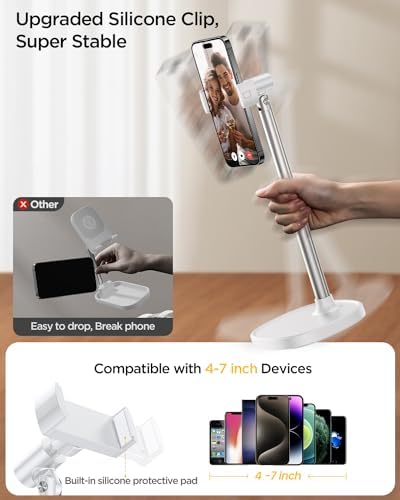 DIMONCOAT Adjustable Aluminum Alloy Cell Phone Stand – White, Universal Compatibility with 4-7 inch Devices, 180° Flip & 360° Rotation – Enhanced Compatibility and Speed