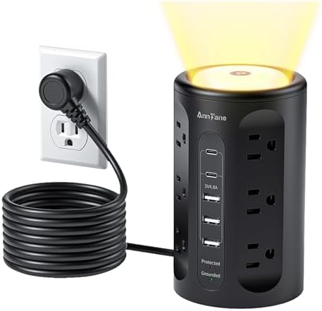 Smart Power Strip Tower with Integrated Night Light & Surge Protection – 10 FT Extension Cord Featuring 12 AC Outlets, 3 USB-A and 2 USB-C Ports for Home Office & Dorm Room Convenience – Sleek Black Design for Enhanced Versatility and Clutter-Free Organization
