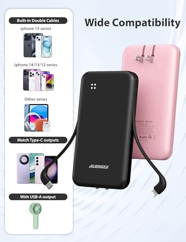 Experience Ultimate Portability with Alongza 10,000 m Ah Fast Charging Power Bank – Sleek Design with Built-In Cables and AC Plug for Effortless Device Charging on the Go – Lightweight, Compact USB C External Battery for Seamless Travel Convenience and Enhanced Compatibility Across All Smartphones and Gadgets