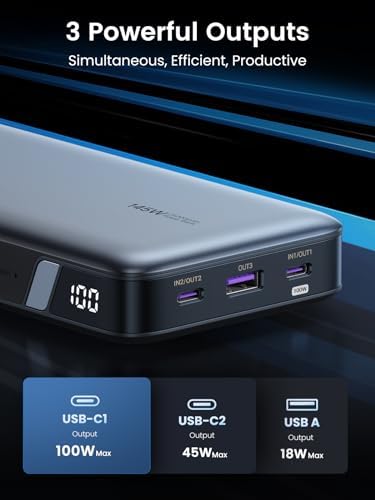 UGREEN 25,000 m Ah 145 W Fast Charging Power Bank – Ultimate Portable Laptop Charger with 3 USB-C PD Ports, Compatible with Mac Book Pro/Air, Dell XPS, i Phone 16/15/14, Galaxy S24, Steam Deck, i Pad & More – Superior Portability & Rapid Charging Performance