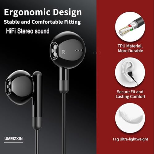 High-Fidelity Wired Earbuds with Microphone – Premium In-Ear Headphones for Exceptional Bass & Crystal-Clear Audio, Universally Compatible with i Phone, i Pad, Android, and PCs via 3.5 mm Jack – Ergonomic Design for Ultimate Comfort & Long-lasting Durability