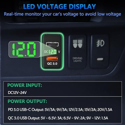 Qidoe Dual USB C Car Charger for Toyota: Fast Charging with QC3.0 & PD3.0, LED Voltmeter & Type C Cable – Perfect for FJ Cruiser, Tundra, 4 Runner & Hilux (2003-2006, 2005-2014), Elevate Your Driving Experience with Enhanced Compatibility and Speed