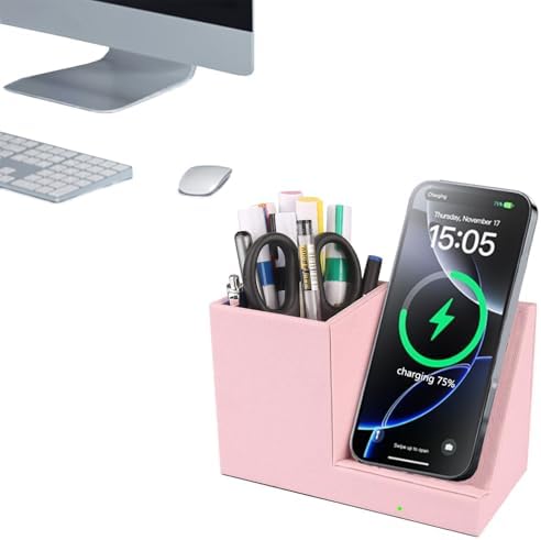 Sleek Pink 15 W Wireless Charger with Integrated Desk Stand & Pen Holder – Qi Certified Fast Charging Dock for i Phone 16/15/14 MAX/XR/XS & Samsung S24/S23 Series | Elevate Your Workspace Organization and Efficiency