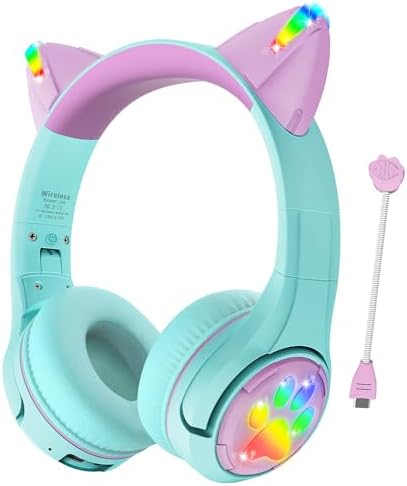Riwbox CF9 Cat Ear Bluetooth Headphones for Kids – Safe 85 d B Volume Limit, Fun LED Light-Up Design, Dual Microphones for Clear Calls, Perfect for Tablets, Schools, Air Travel & Remote Learning, Lightweight Comfort in Trendy Purple