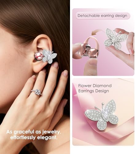 Stylish King Lucky Bluetooth 5.4 Clip-On Earbuds with Chic Detachable Butterfly Earrings – Waterproof Open Ear Design for Ultimate Comfort, 50-Hour Playtime Perfect for Festivals and Parties, Luxurious Rose Gold Gift for Discerning Women