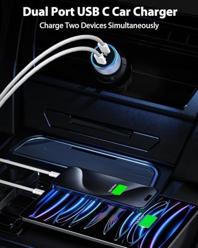 Fast Charge Dual USB-C Car Charger for i Phone 16/16 Pro Max/15 with Braided Nylon Cable – High-Speed PD3.0 Adapter for Convenient On-the-Go Charging – Durable, Compact Design for i Pad Compatibility – Tangle-Free Solution for Everyday Use – Essential Road Trip Companion