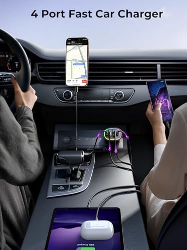 90 W 4-Port USB C Car Charger for i Phone 16/15/14/13/12 Pro Max – Fast Family Travel Charging Solution – Sleek Pink Cigarette Lighter Adapter for Multiple Devices – Ultimate On-the-Go Power for Road Trips and Adventures